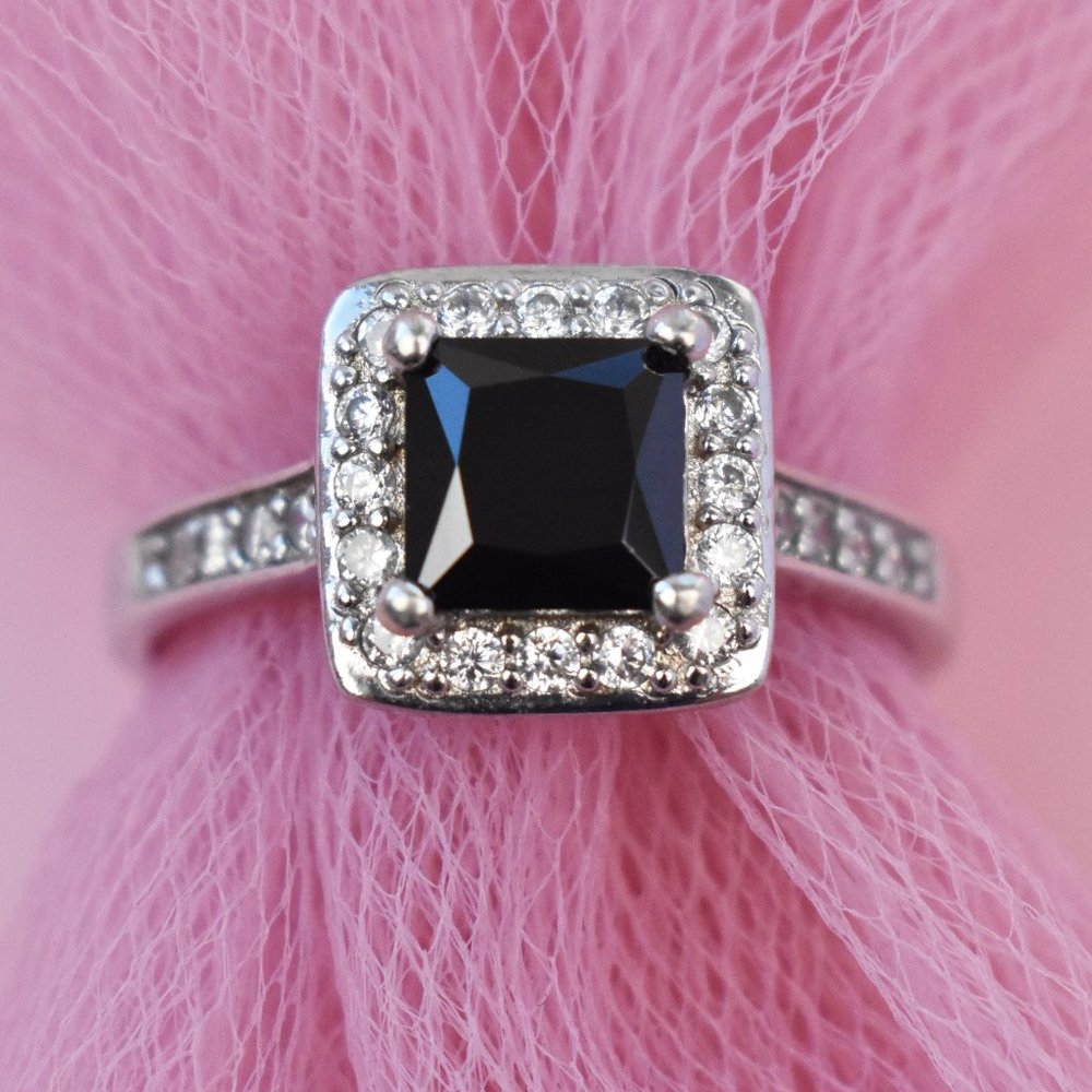 Black square cz ring 925 sterling silver sz 7 3/4 US, fancy accent art deco ring